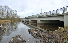 Rechts die alte Flutbrücke im Jahr 2020 mit PKW drauf. Links ein Gewässer, im Hintergrund Bäume