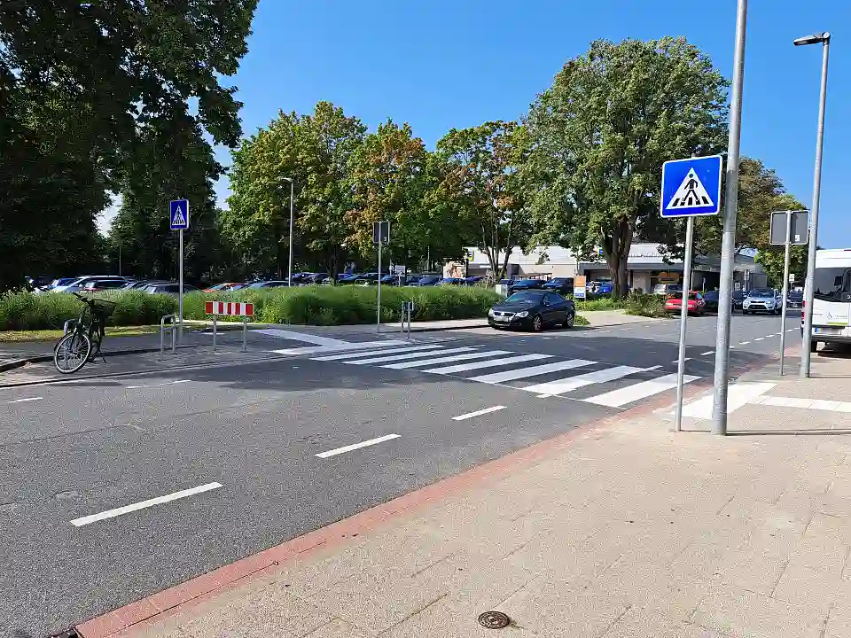 Der neue Fußggängerüberweg in der Charlotte-Wolff-Allee zeigt eine Straße mit Zebrastreifen. Im Hintergrund sind Bäume vor einem blauen Himmel