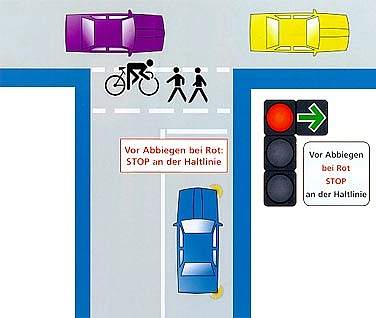 Verkehrsbild: Vor Abbiegen bei Rot STOP an der Haltelinie