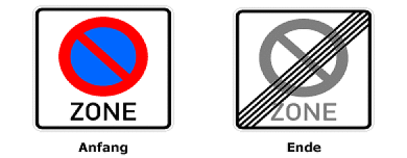 Verkehrsschilder für eingeschränktes Halteverbot für eine Zone
