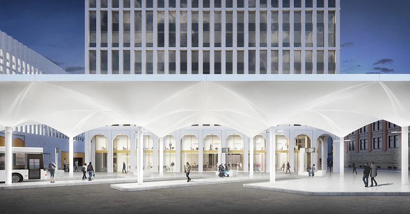 Au&szlig;enperspektive des neuen Fernbusterminals mit luftiger Dachkonstruktion, dahinter das Parkhaus
