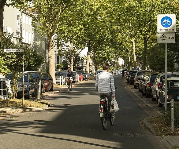 Fahrradverkehr in der Humboldstraße, welche von grünen Bäumen gesäumt ist. Am Straßenrand parken Autos. Man sieht ein Schild Fahrradstraße 
˜ Bildnachweis: Foto: Navina Reus