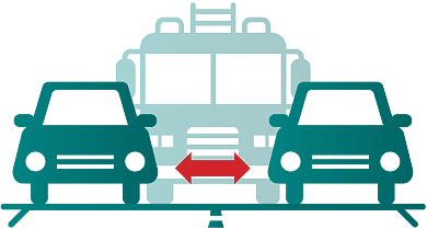 Pikogramm von zwei parkenden Pkw, dahinter ein Fahrzug der Feuerwehr, dass nicht durch die verbleibende Lücke in der Mitte passt.