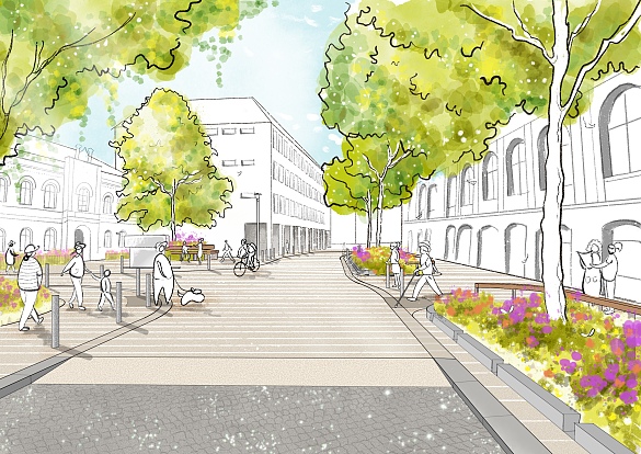 Visualisierung der Dechanatstraße im Cartoon-Stil.