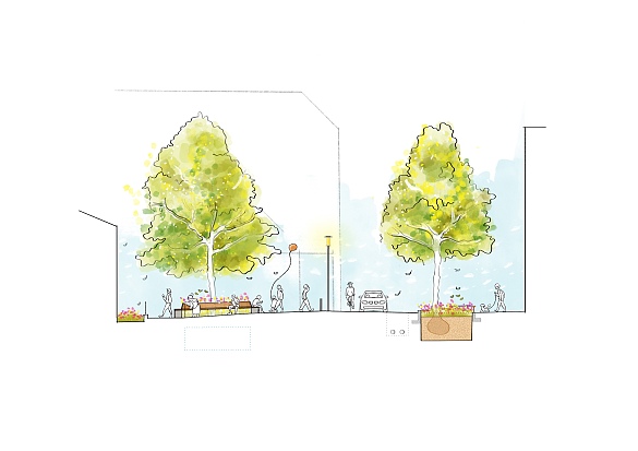 Visualisierung Querschnitt Dechanatstraße im Cartoon-Stil.
