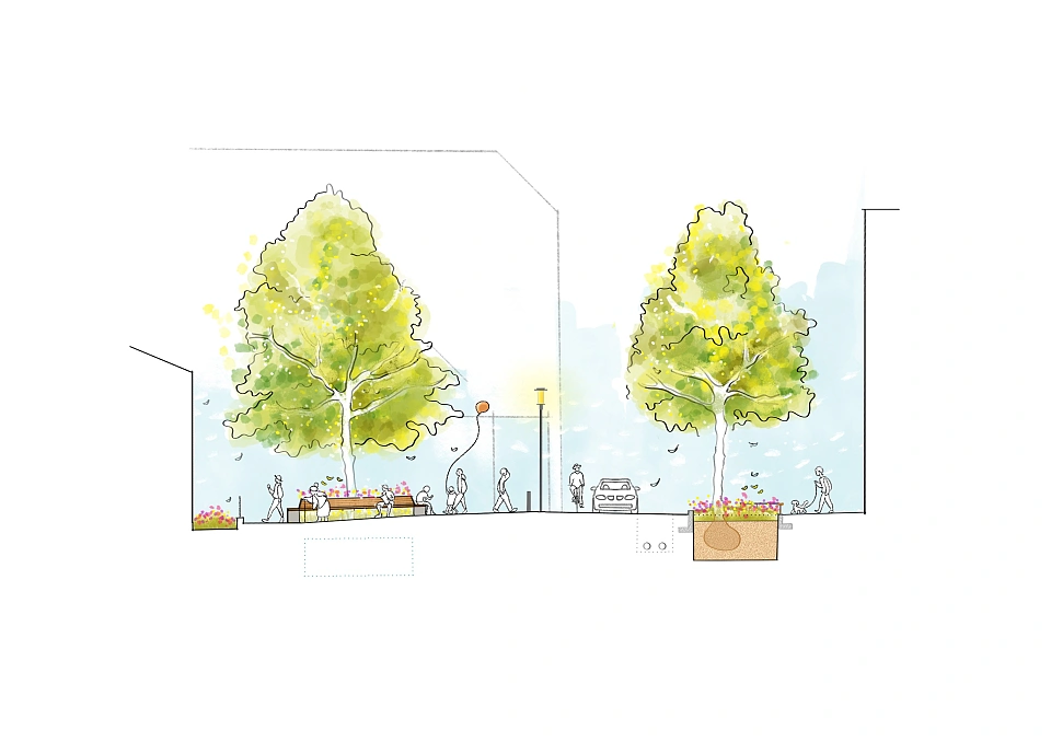 Visualisierung Querschnitt Dechanatstra&szlig;e im Cartoon-Stil.