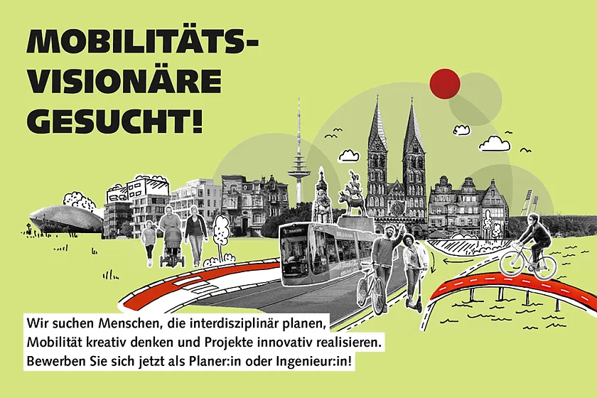 Bildcollage: Realbild mit Bremer Gebäuden ergänzt durch gezeichnete Elemente und einer gezeichneten Straße mit Menschen