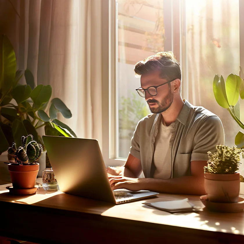 mobiles Arbeiten: Frau vor einem Laptop an einem Tisch in einem Wohnraum