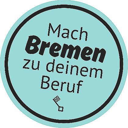 Logo Karriereportal bestehend aus einem türkisfarbenem Kreis und Schriftzug Mach Bremen zu deinem Beruf